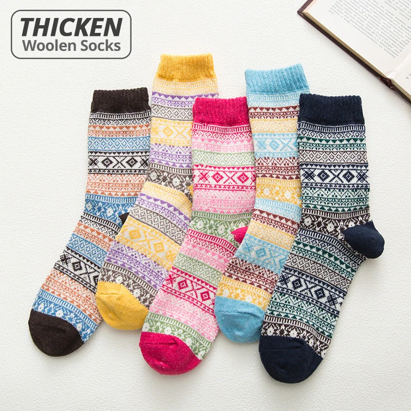 HSS Brand Thicken Women Winter Socks Warm Rabbit Wool Girl's Sox High Quality Cotton Casual Harajuku Totem Pattern socks 5Pairs