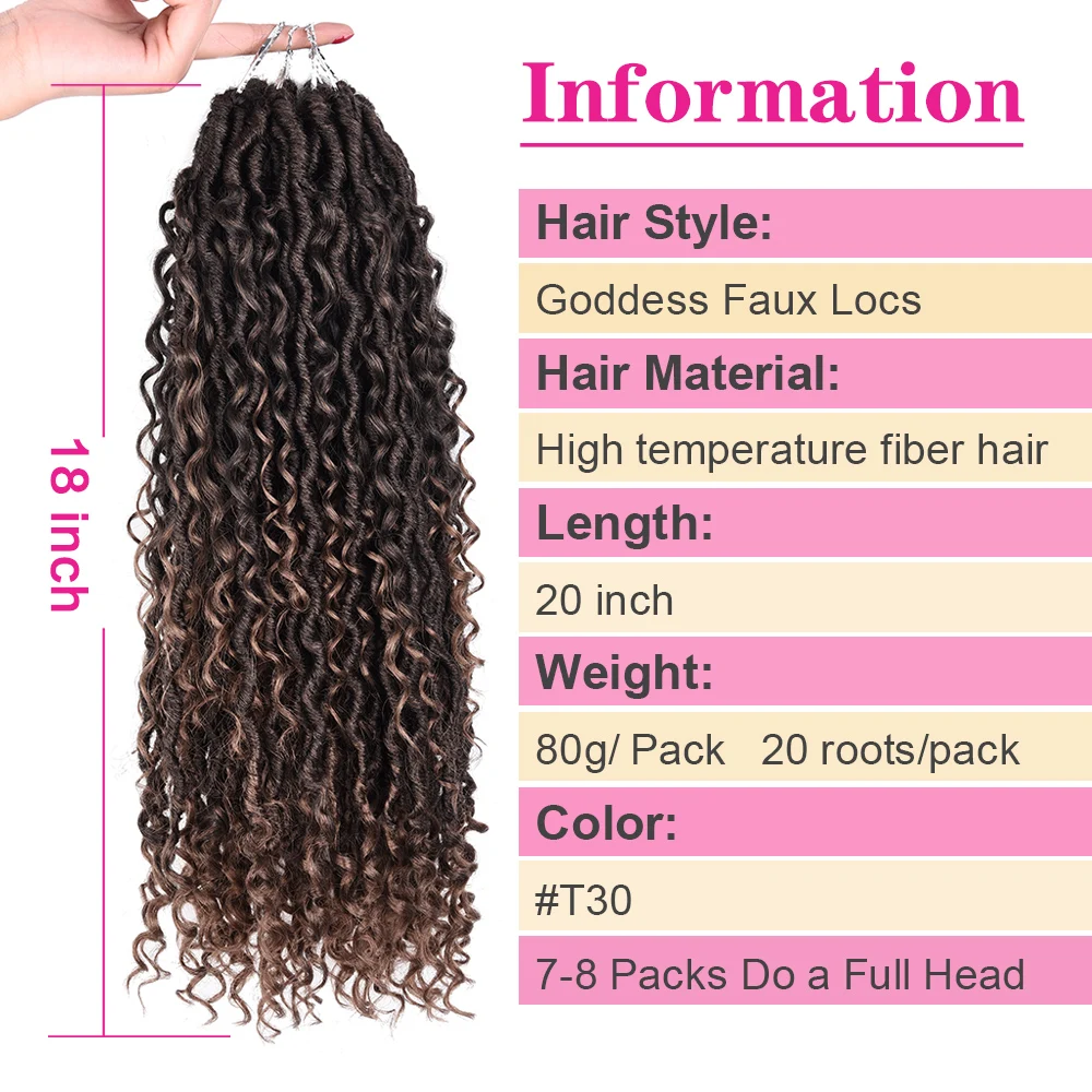 DinDong Synthetic Goddess Locs Crochet Hair 20/Stands 20inch Curly Braiding Hair Faux Locs Braids Pre Looped Braid Hair Bulk