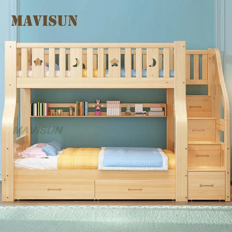 Garde-corps de sécurité en bois massif pour enfants, lit superposé à Double tiroirs, rangement multifonctionnel, armoire à hauteur décalée