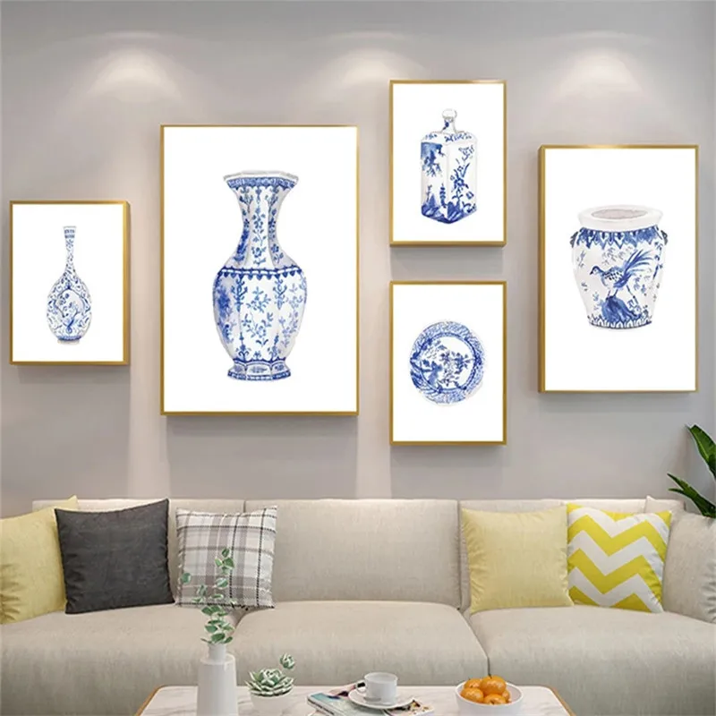 Watercolor Chinoiserie Vases Canvas Painting Eastern China Blue and White Ancient Porcelain Art Poster Wall Art Decor Prints