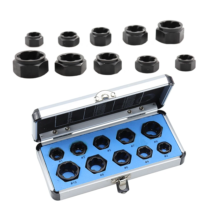 10Pcs/Set Bolt Extractor Removal-Set Nut-Screw-Remover Threading Hand Tools Kit Nut Removal Socket Tool 9-19mm With Aluminum Box