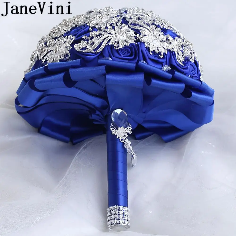 JaneVini-ramo de novia con cristales de plata Blingbling, rosa azul real, flores de boda, broche de novia con cuentas de diamantes de lujo, joyería