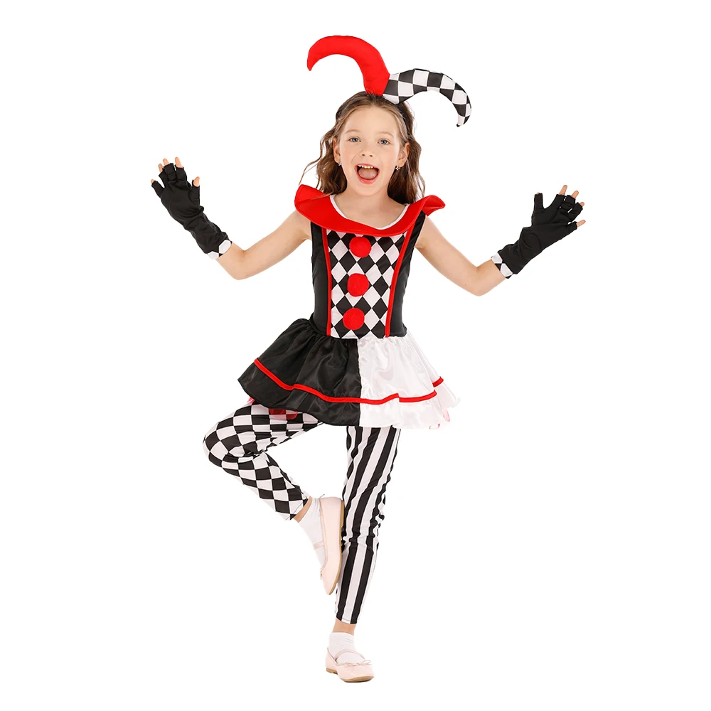 Reneecho Girls Harlequin Clown Costume Kids Clown Jester Fancy Dress Cosplay Halloween Costume 2020 New Arrival Purim Carnival