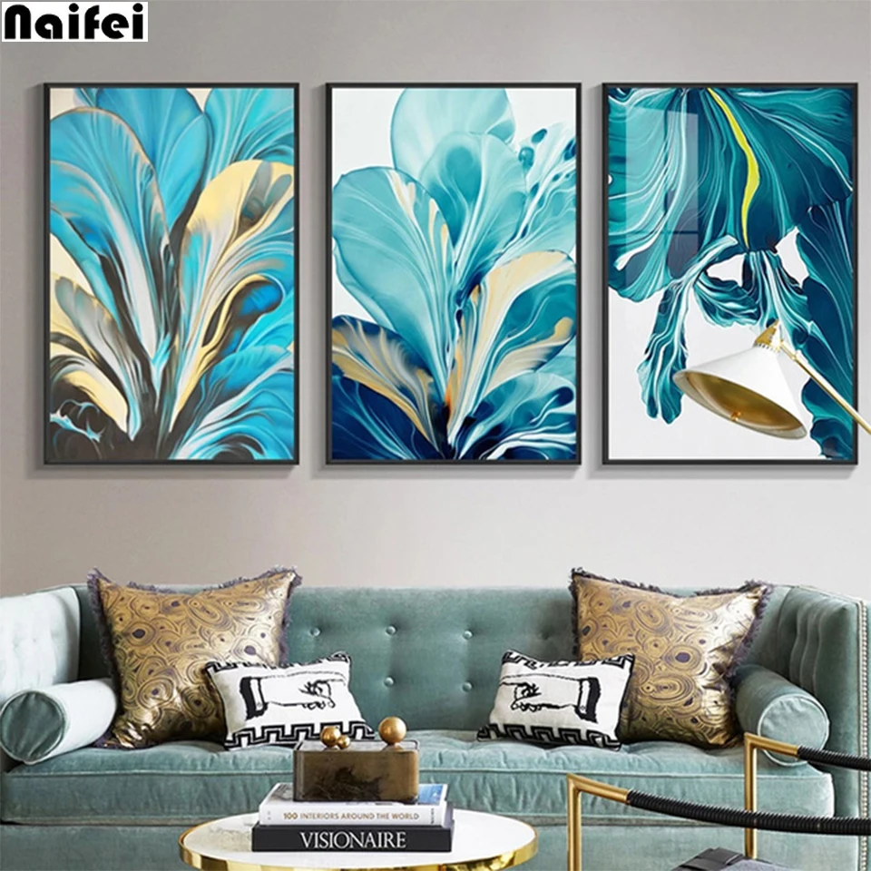 5d Diy Diamond Painting Leaf Vertical Version Gold Blue Wall Art Abstract Block linesLeavesFull Diamond Embroidery Home Decor