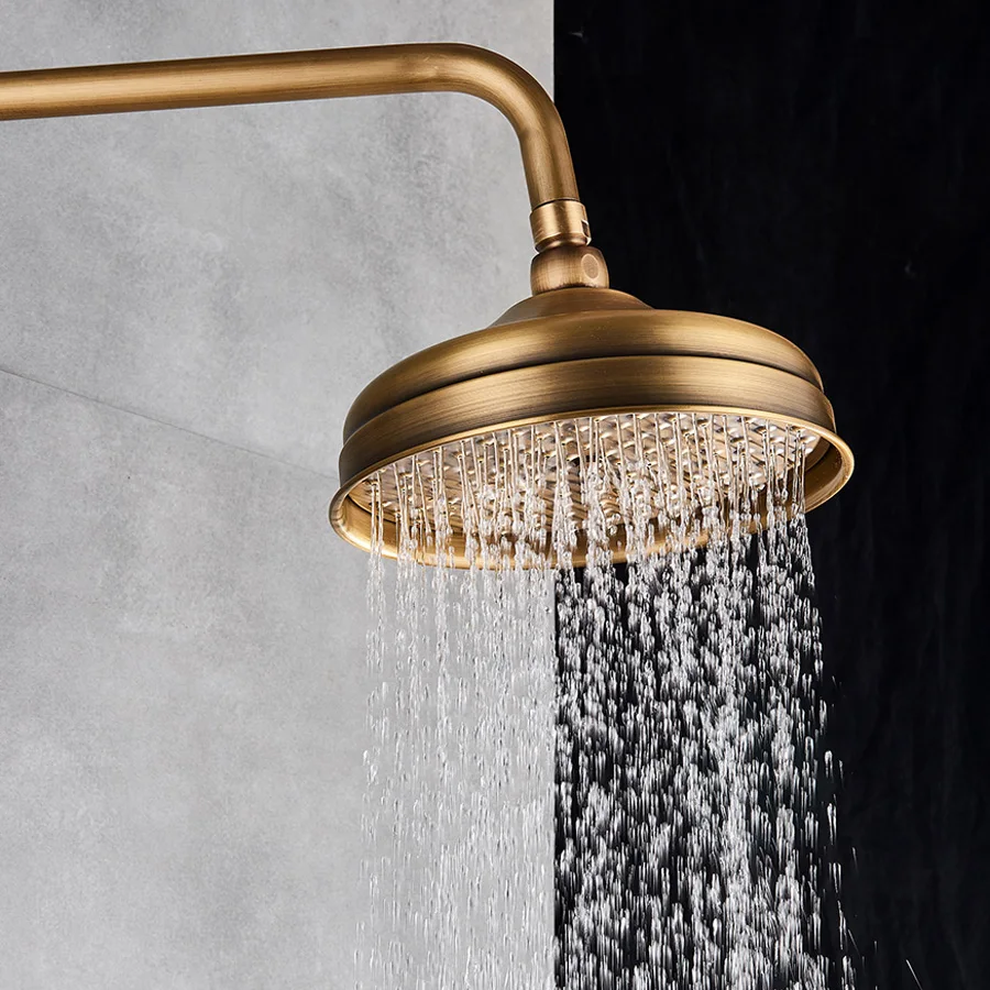 Antique Brass Round 8 Inch Rainfall Shower Head & Extension Pipe Wall Arm Shower Arm Bathroom Accessory (Standard 1/2