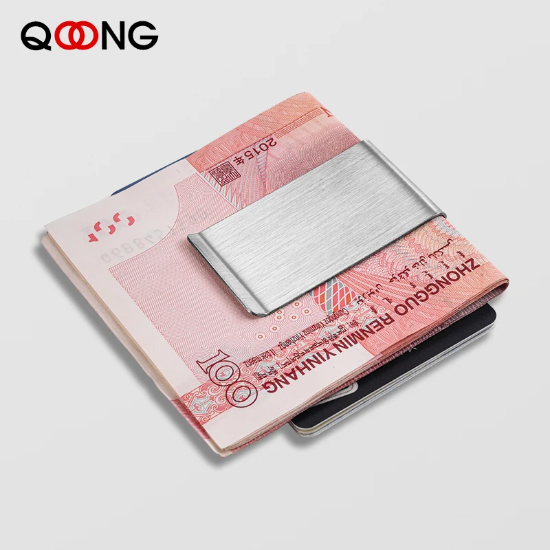 QOONG En Acier Inoxydable Mince Double Face Hommes Femmes Pince À Billets Portefeuille En Métal Carte De Crédit Porte-Argent Bill En Acier réinitialisation Pince ML1-006