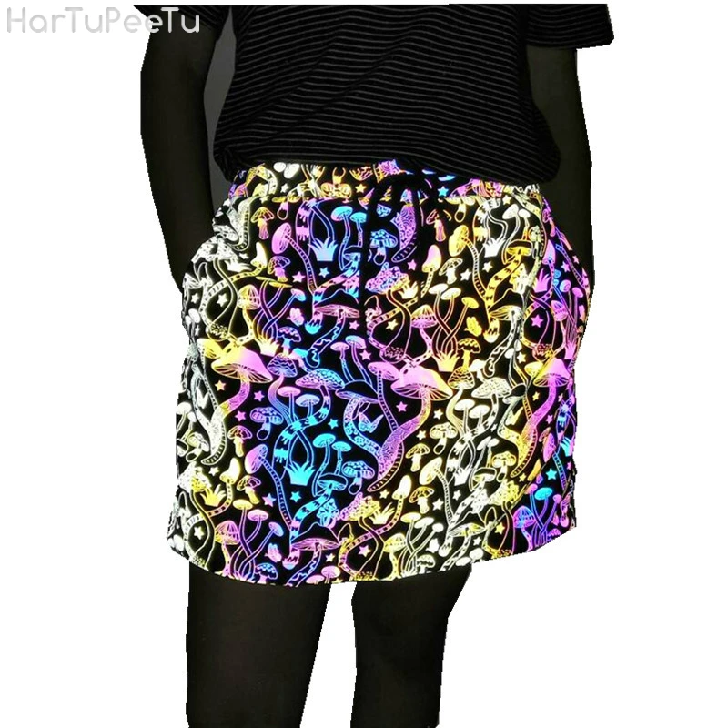 

Night Clubwear Reflective Skirt Shiny Colorful Mushroom Pattern Luminous A-Line Skirt Rainbow Color Skater Wear with Pocket 2020