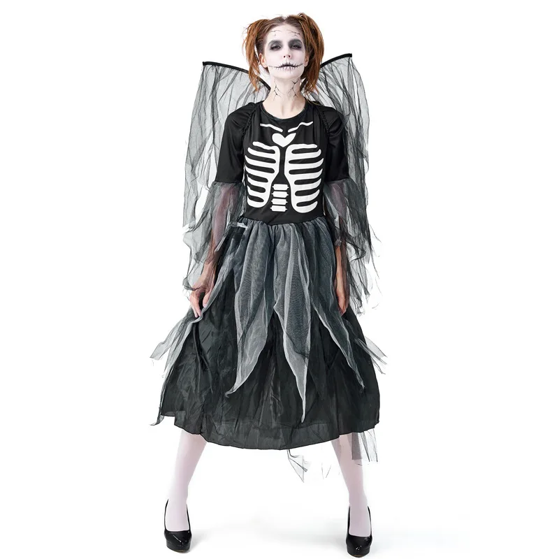 Adult Women Halloween Scary Dark Angel with Wing Zombie Skull Dresses Black Costume Skeleton Costumes Carnival Bones