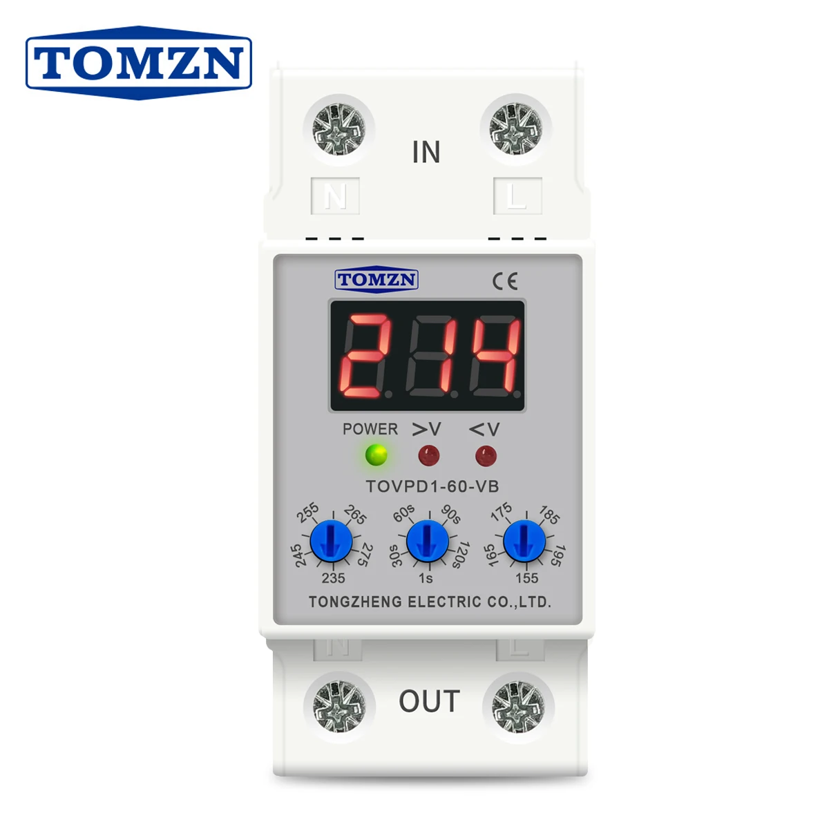 TOMZN LED Display 230V 40A 60A DIN Rail Adjustable Over Under Voltage Current Protective Device Protector Relay with Button