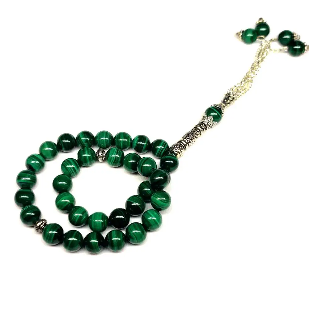 High Quality Pure Natural Malachite Stone 8mm Round bead 33 rosary beads Muslim Taisbyha rosary Free shipping