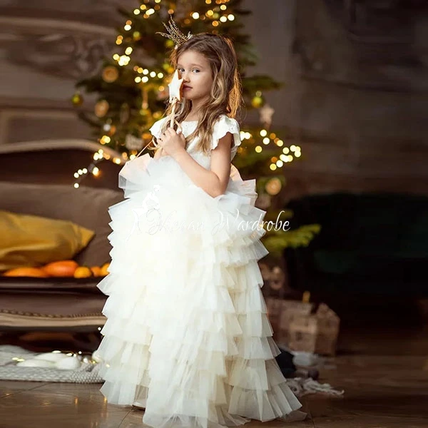 Princess Cream-coloured Puffy A-Line Tiered Ruffles Long Tulle Flower Girls Dress Cute Lace Sequins Kids Party Tulle Dresses