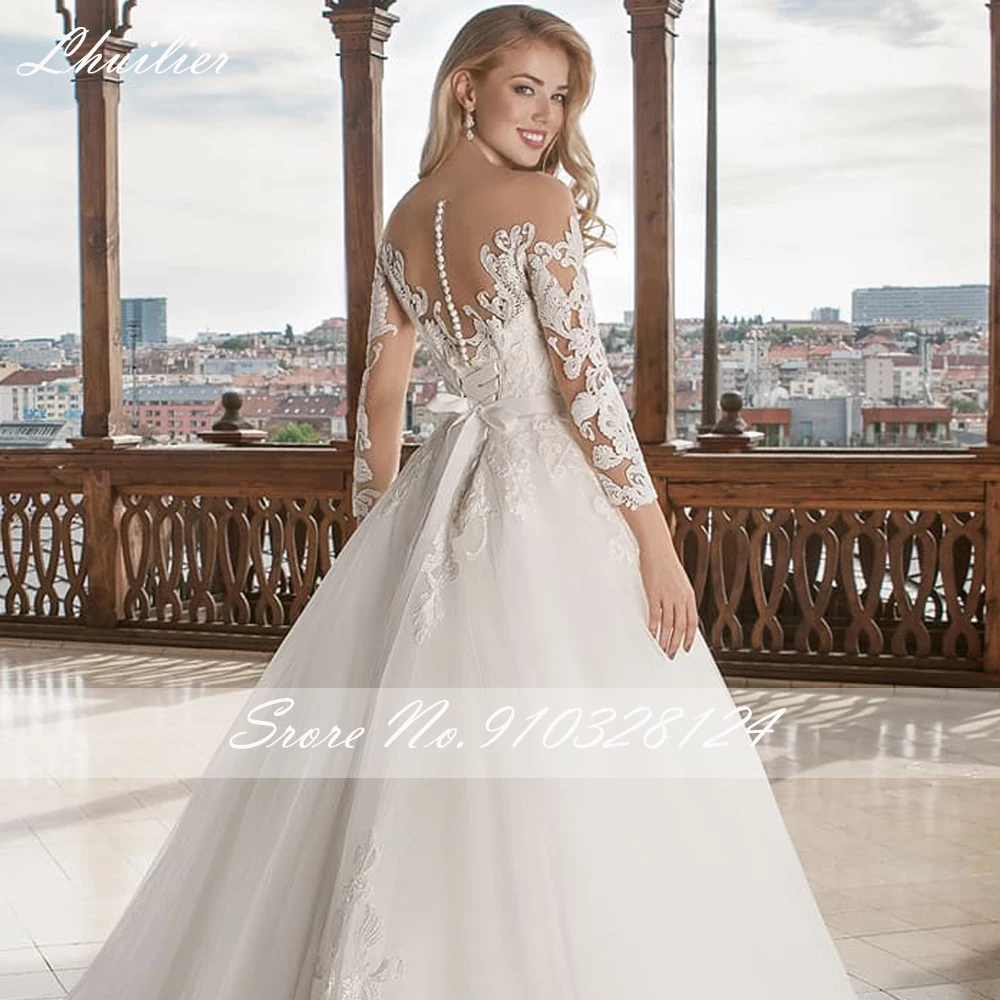 Lhuilier-vestidos de novia de corte en A con cuello redondo para mujer, mangas completas, largos hasta el suelo, con cuentas, apliques de encaje, vestidos de novia