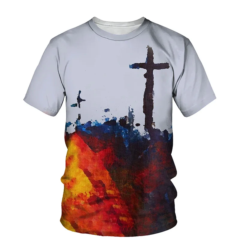 3D Cross Print Men T-shirt Jesus 2021 Summer O Neck Short Sleeve Tees Tops Christian Style Male Clothes Fashion Casual T-shirts