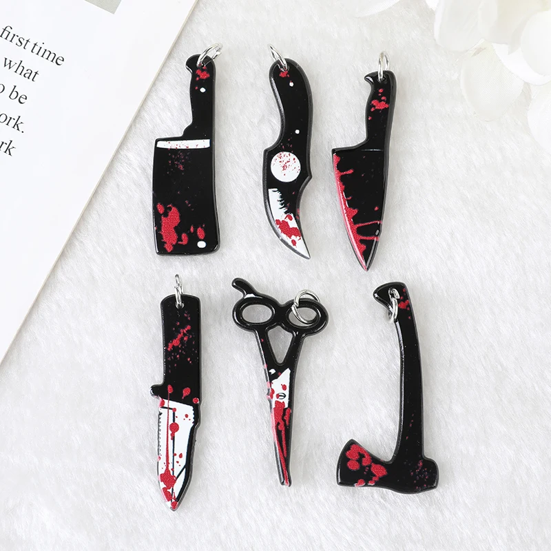 6 Pcs Gothic Bloody Knife Charms Scissors  Axe Blood Acrylic Halloween Weapon Shape Jewlery Findings For Earring Necklace Diy