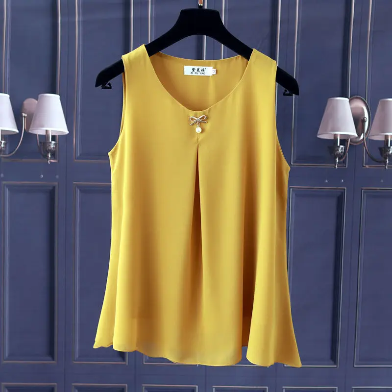 Obesity Women Chiffon Shirt 2025 New Summer Sleeveless O-neck Blouse Casual Solid White/Red Loose Oversized Female Tops