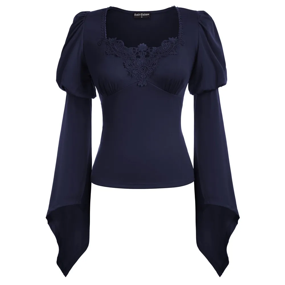 Women Gothic Blouses Puffed Sleeve Tops Spring Fall Clothes Long Sleeve Square Neck Lace Decorated Tops Renaissance Punk Shirt