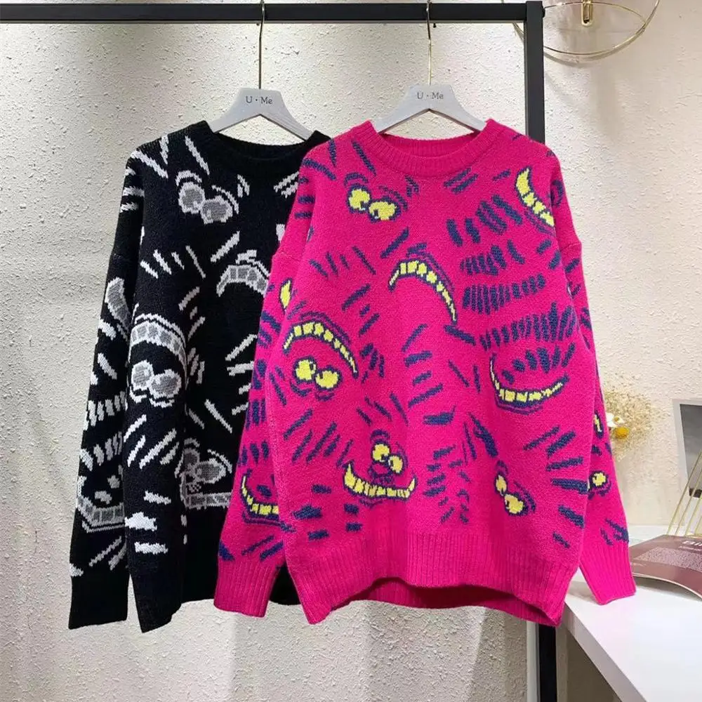 

Streetwear Sweater Women 2023 Autumn Winter Cartoon Leopard Printed Covering Yarn Casual Oversized Knitted Black Pullover Sweate