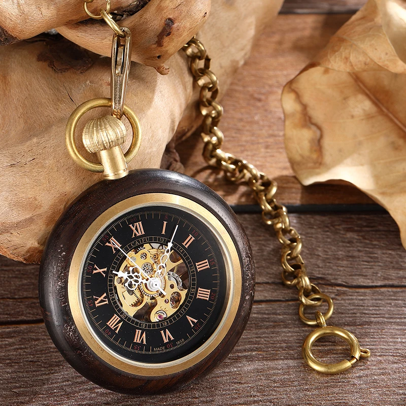 Wooden Mechanical Pocket Watch for Men Roman Numerals Black Sandalwood Wood Case Gold Back Engraved Fob Chain Clock Dropshipping