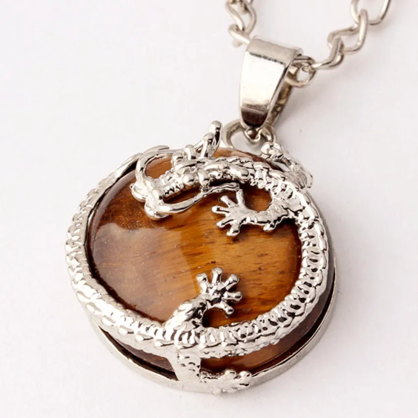 FYJS Unique Silver Plated Chinese Dragon Wrap Half Ball Natural Tiger Eye Stone Pendant Link Chain Necklace Classic Jewelry