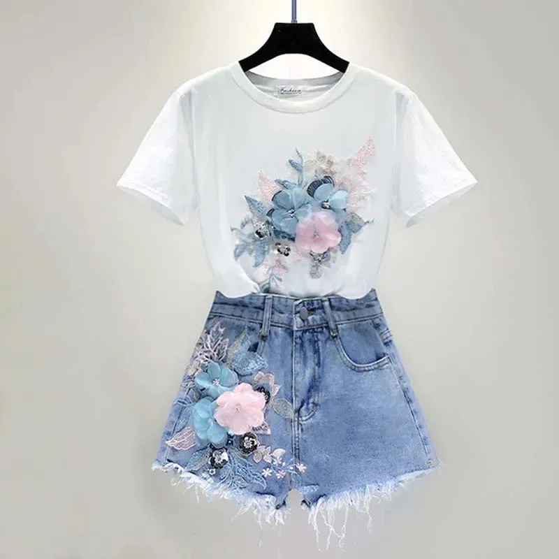 Single/Suit Summer Women 2 Piece Sets Heavy Work Embroidery 3D Flower T-shirt + Denim Shorts Sets Vintage Beading Shorts Suit