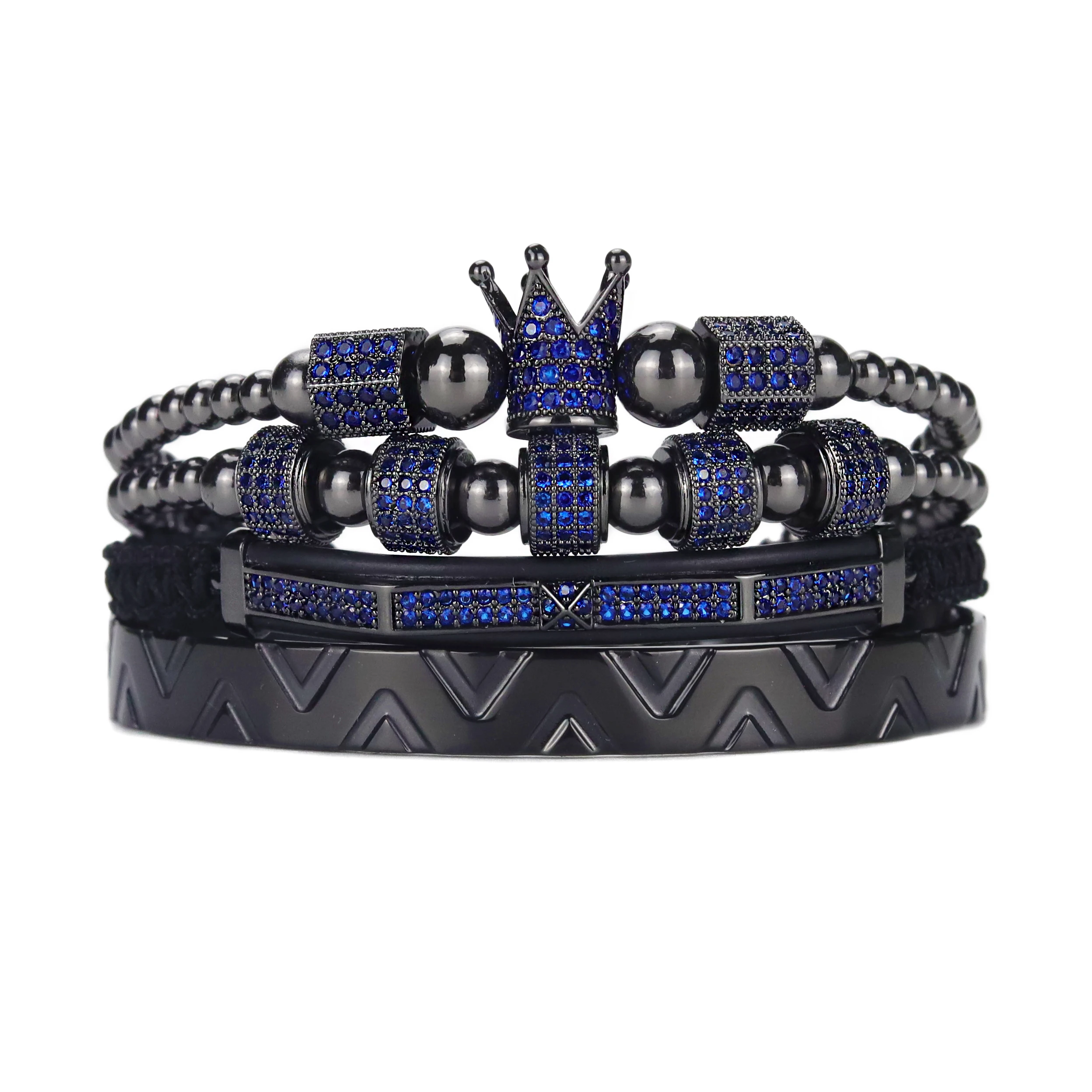 

Luxury Men Royal King Crown Bracelet Set Stainless Steel Beads Blue Ghost CZ Ball Bracelets & Bangles For Men Jewelry