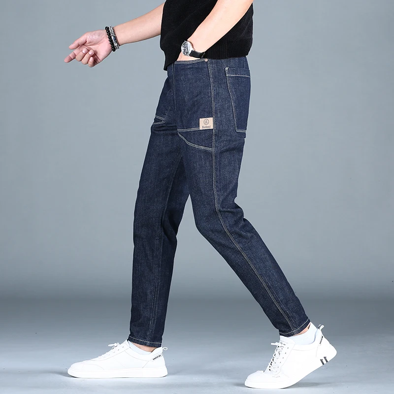 Fashion Summer Blue Jeans Men Korean Style Slim Fit Pencil Pants Patchwork Stretch Denim Trousers