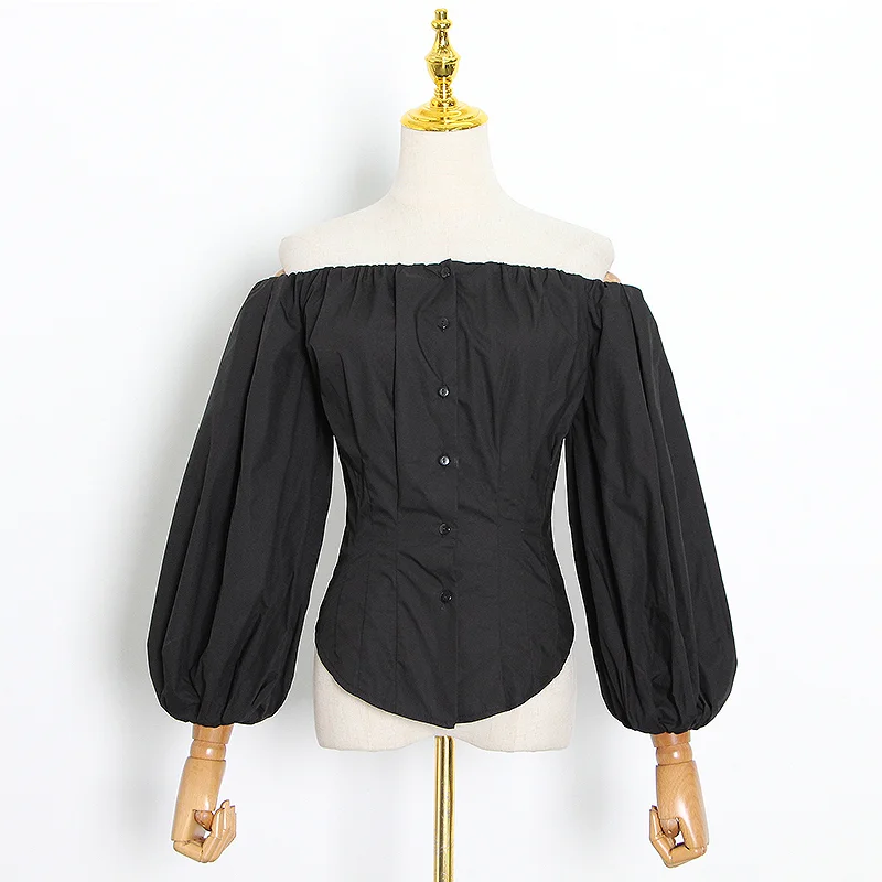 TWOTWINSTYLE-túnica de temperamento para mujer, camisa con cuello oblicuo, manga de linterna, blusa minimalista sólida, ropa nueva de moda femenina