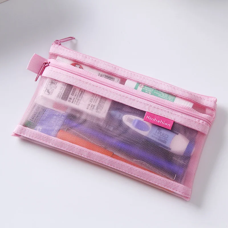 Large Capacity Simple Color Pencil Case Student Exam Series Hand Account Net Yarn Transparent Stationery Storage Supplies Bag