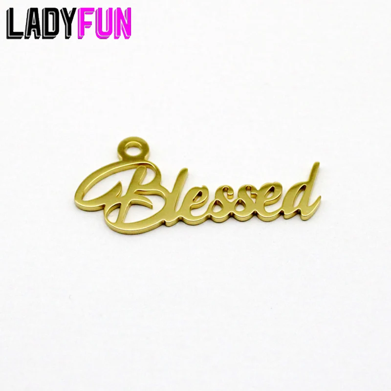 5pcs Blessed Script Word  Charm Stainless Steel Charms High Polish Mirror Surface Pendant