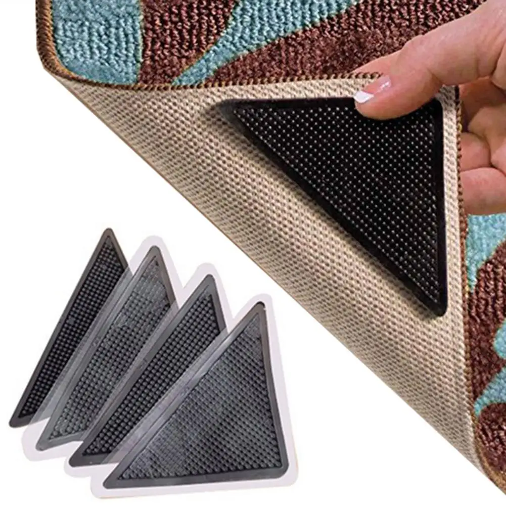 

4Pcs Anti Skid Rug Carpet Mat Non Slip Grip Small Corners Triangular Pad Washable Removable Strong Adhesive Stopper Tape Sticker