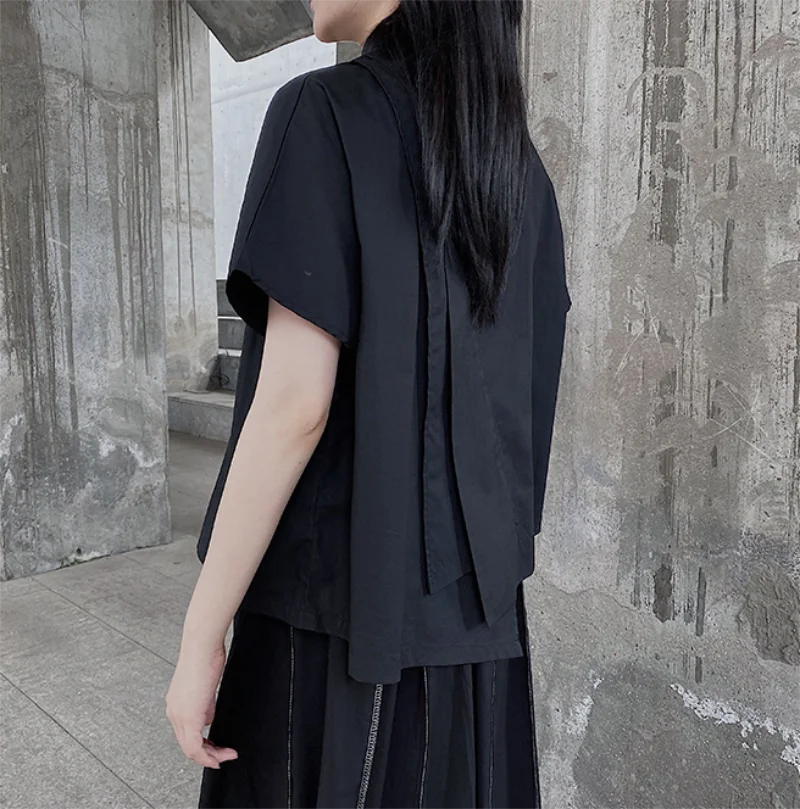 Summer women's new round neckline solid color irregular back cut design short fashion short-sleeved T-shirt