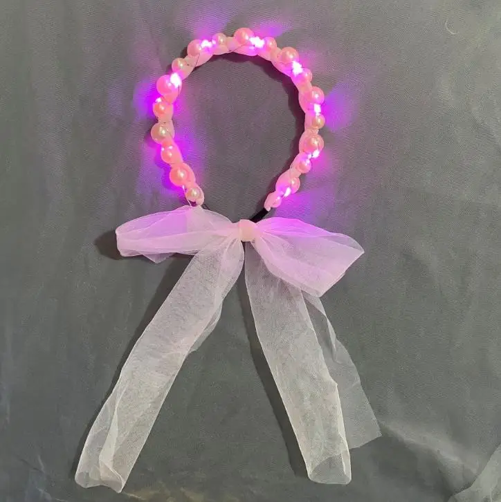 Light Up Beaded Pearl Headband LED Hairband Party Glowing Hair Hoop Headwear Tiara Headpieces with Veil 10pcs/lot