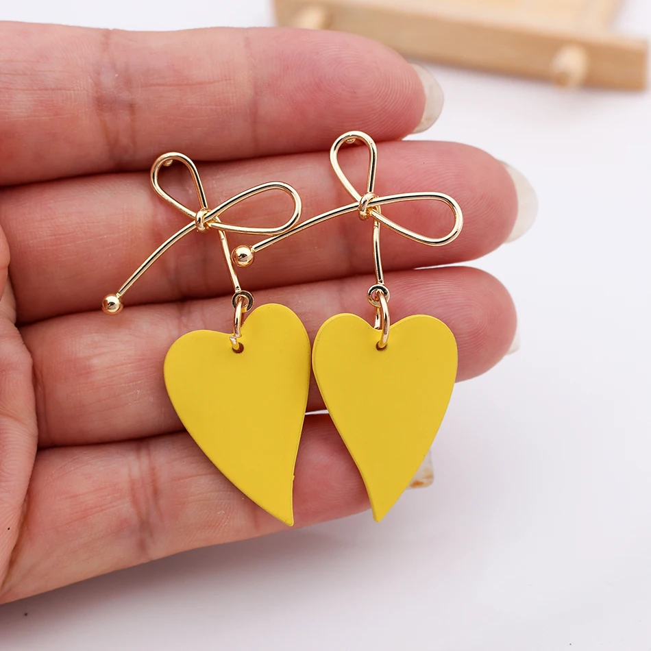 Women Heart Drop Earrings for Party Jewelry Vintage Gold Color Metal Bow Knot Earrings Geometric Female Brincos New Fashion