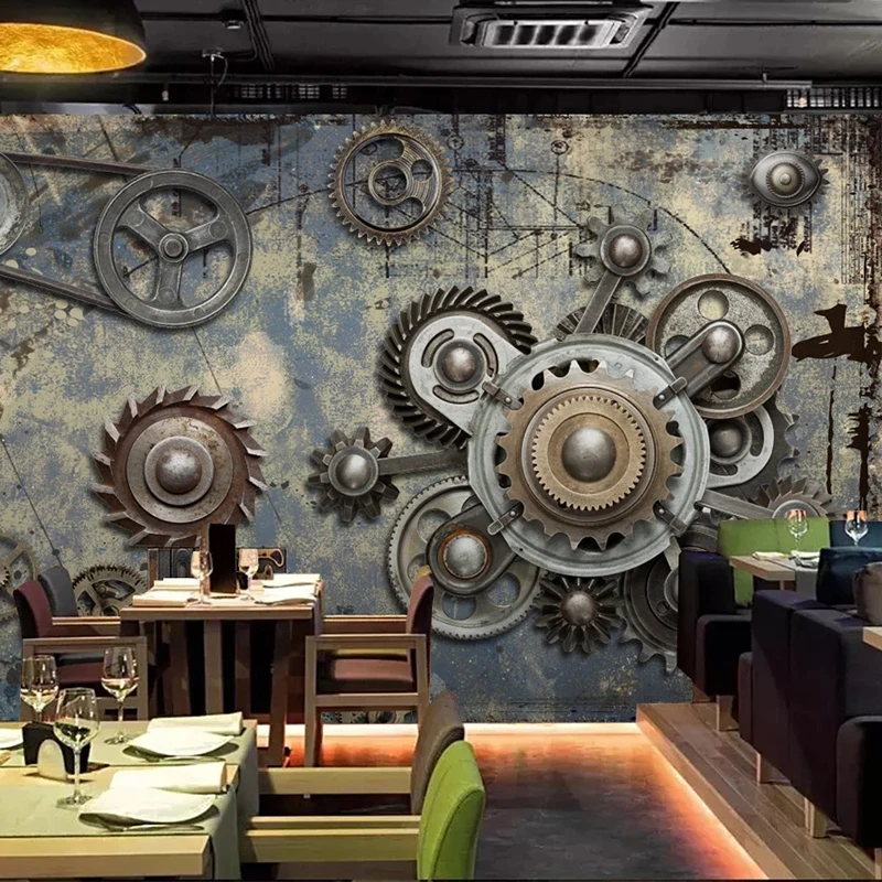 Custom Photo Mural 3D Stereoscopic Retro Nostalgic Creative Mechanical Gear KTV Bar Cafe Restaurant Background Art Wall Painting