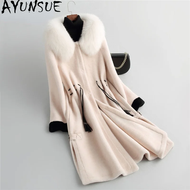 

AYUNSUE Winter Real Fox Fur Collar Coat Female 2021 Elegant Long Sheeap Shearling Coat Women Wool Jacket Jaqueta Feminina Gxy385