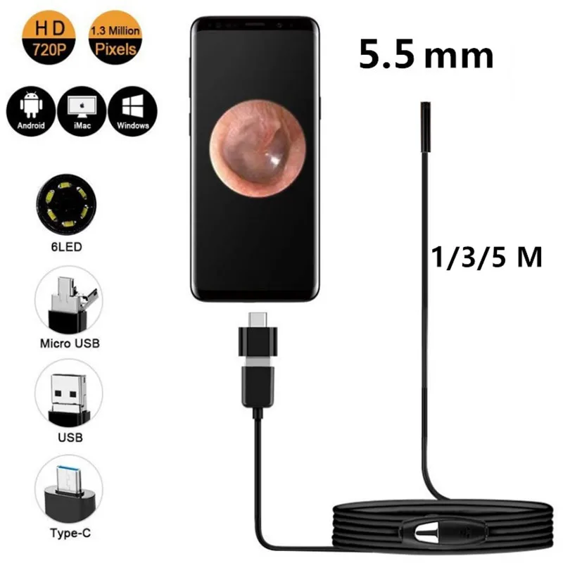 

5.5mm 720P HD Endoscope Camera For Android PC Xiaomi Huawei Samsung Waterproof Hard Cable 6 LED Adjustable