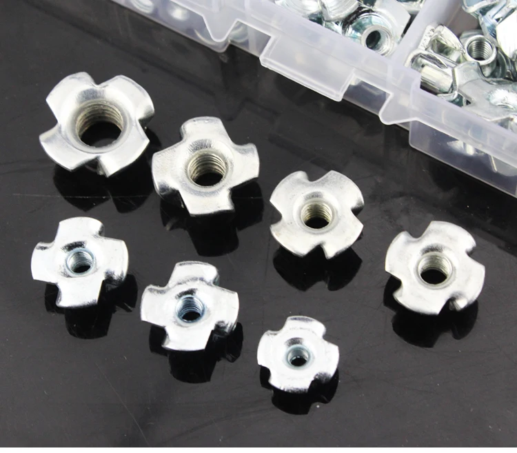 

Free shipping 80pcs M3 M4 M5 M6 M8 Zinc Plated Four Claws Nut Speaker Nut T-nut Blind Pronged Tee Nut Furniture Hardware