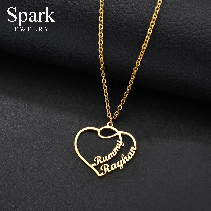 Spark Stainless Steel Personalized Double Names Heart Necklace For Women Custom Nameplate Choker Necklaces Party Jewelry Collar