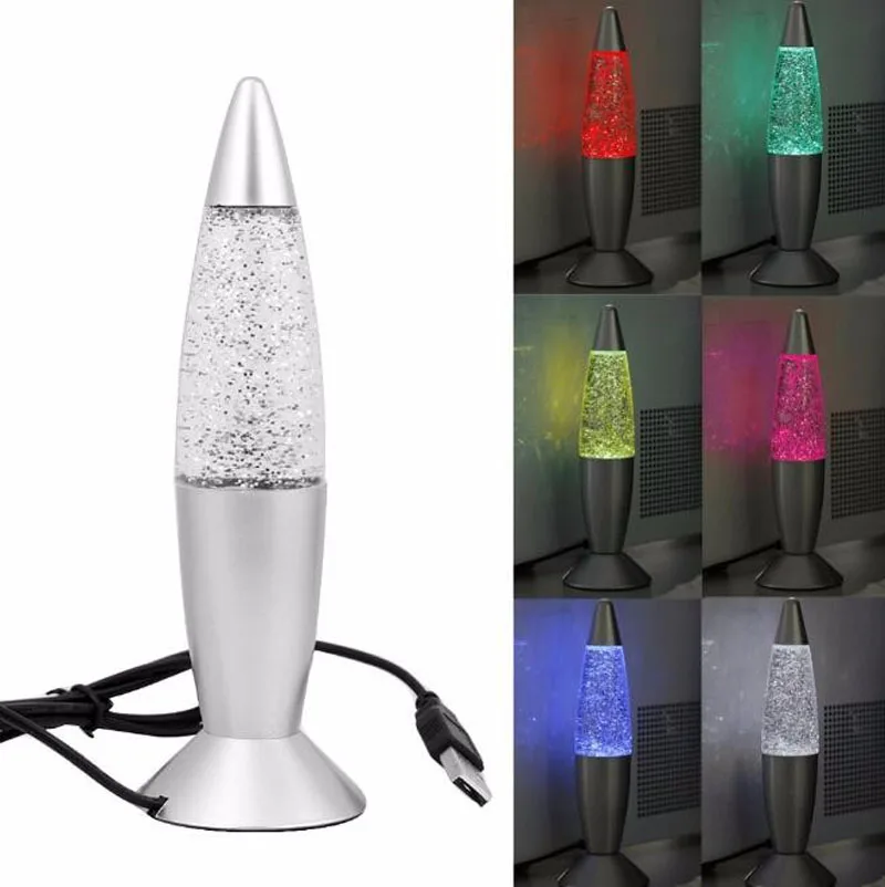 Mini Rocket Multi Color Changing Lava Lamp RGB LED Glitter USB Night Light Lamp with AC Charge Adapter for Home Decoration Lamp