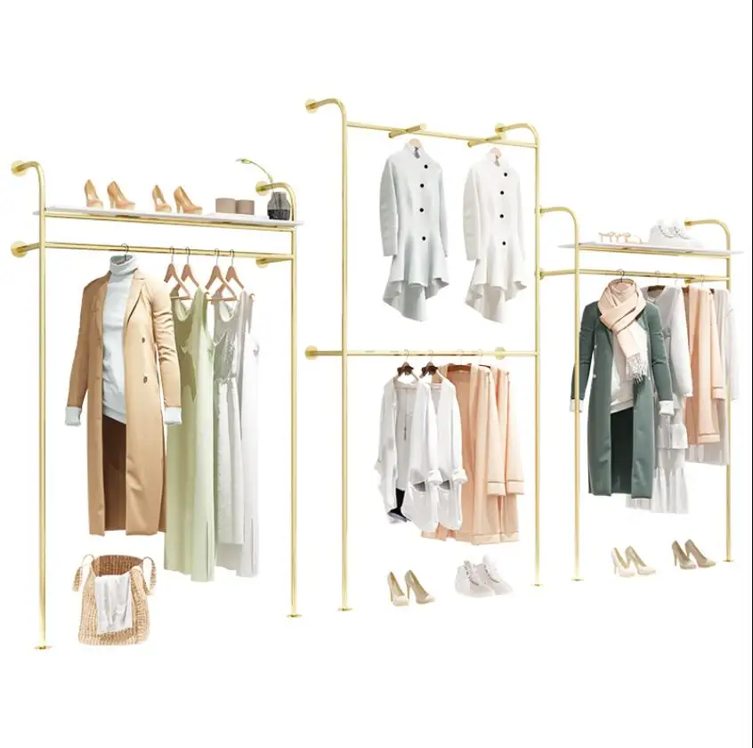 

Clothing store display rack floor type women's clothing store shelf double layer clothes rack gold wall clothes rack