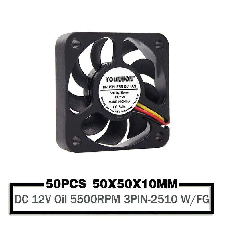 

50 Pieces 5010 50mm DC 12V 3PIN Sleeve Bearing Brushless Cooling Fan 50mm x 10mm Cooler Fan W/FG Function 50x50x10mm Cooling Fan