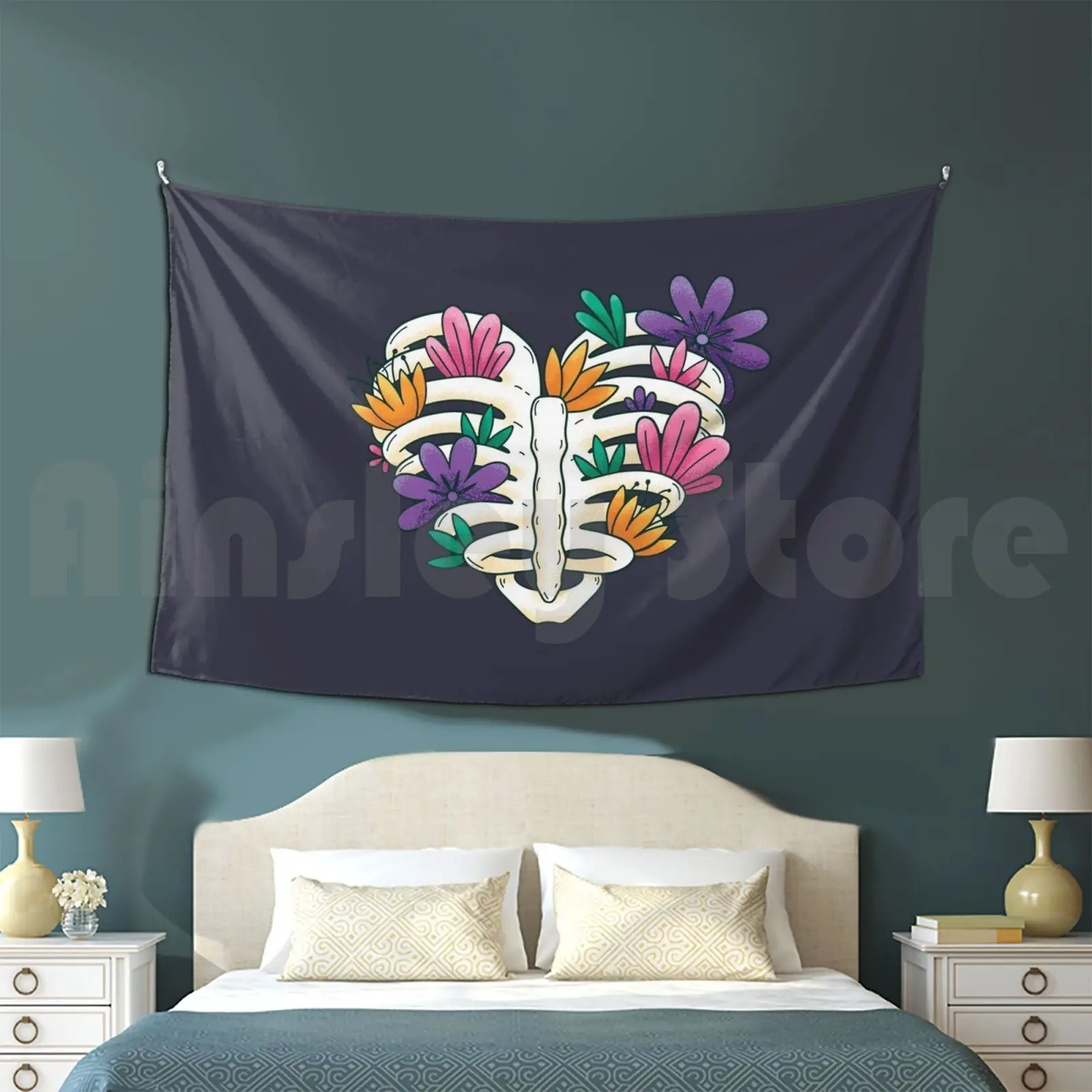 Heart , Rib Cage , Flowers Customized Tapestry Heart Chest Flower Heart Shaped Rip Florist Garden