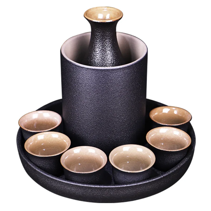 Japanese Style Ceramic Sake Pot Cup Set Black Pottery Liquor Wine Bottle Cups Tray