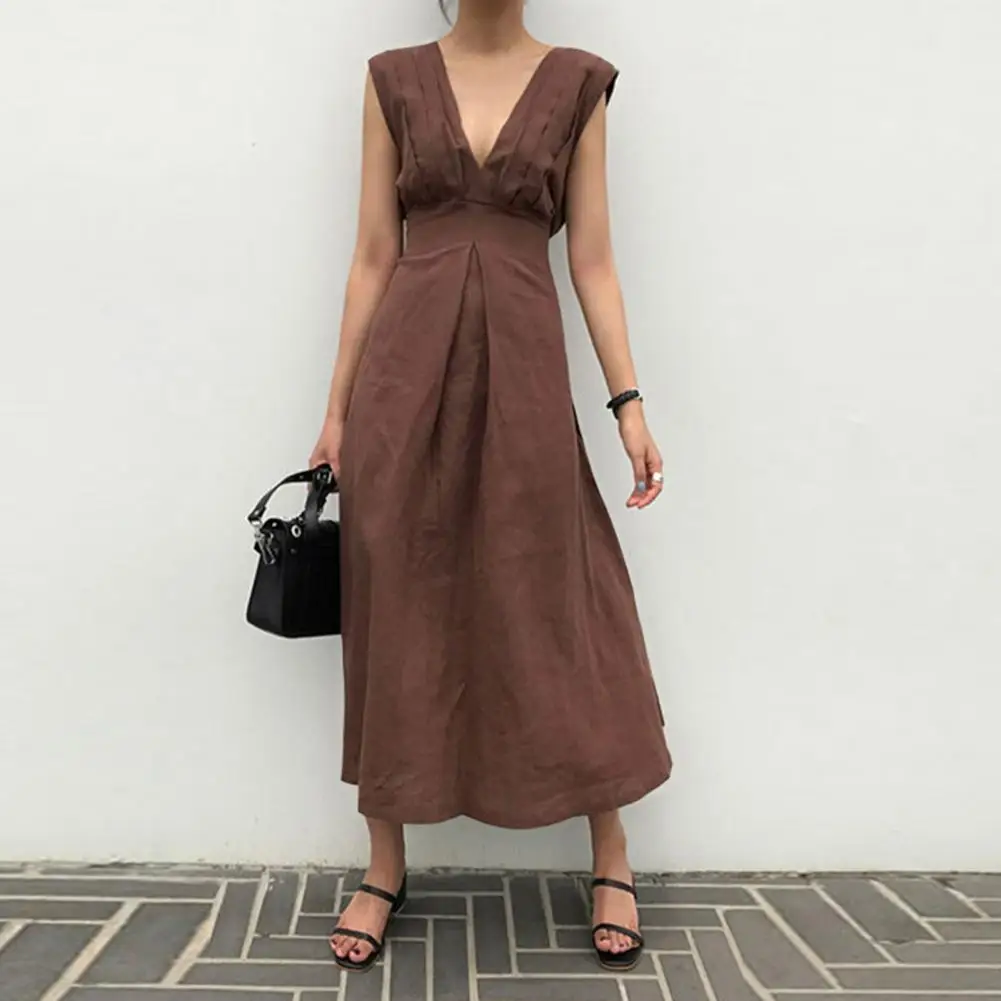 

Summer Dresses Women Large Hem Ruffled Dress Solid Color Deep V Neck High Waist Sleeveless Maxi Dress Office Work Daily Dresses