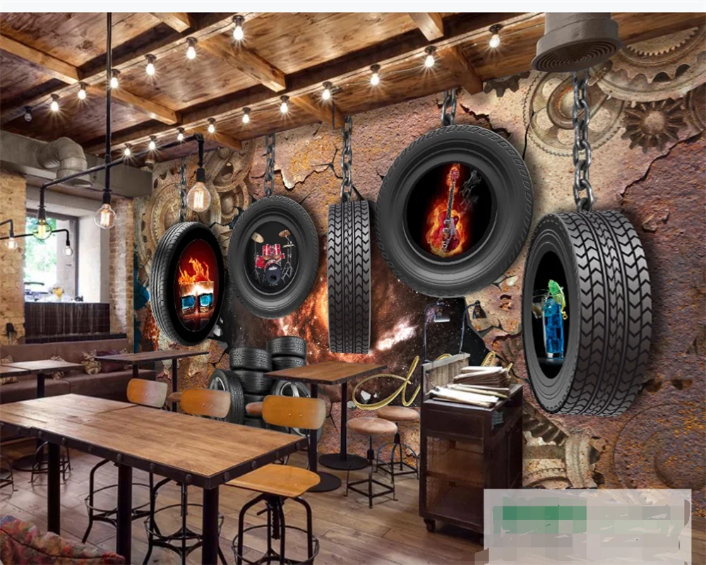 Custom 3D wallpaper mural retro rust gear tire bar car tooling background wall