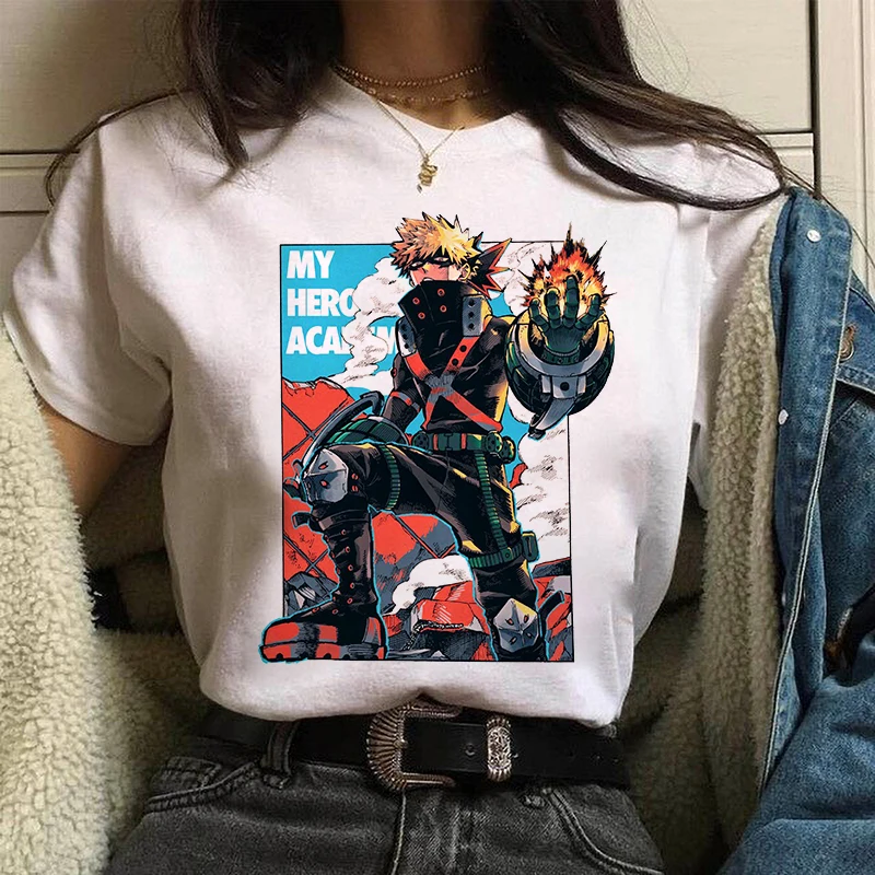 Katsuki Bakugo japońskie Anime drukuj Goth damska koszulka na co dzień podstawy o-kołnierz biała koszula z krótkim rękawem damska Tshirt,Drop Ship