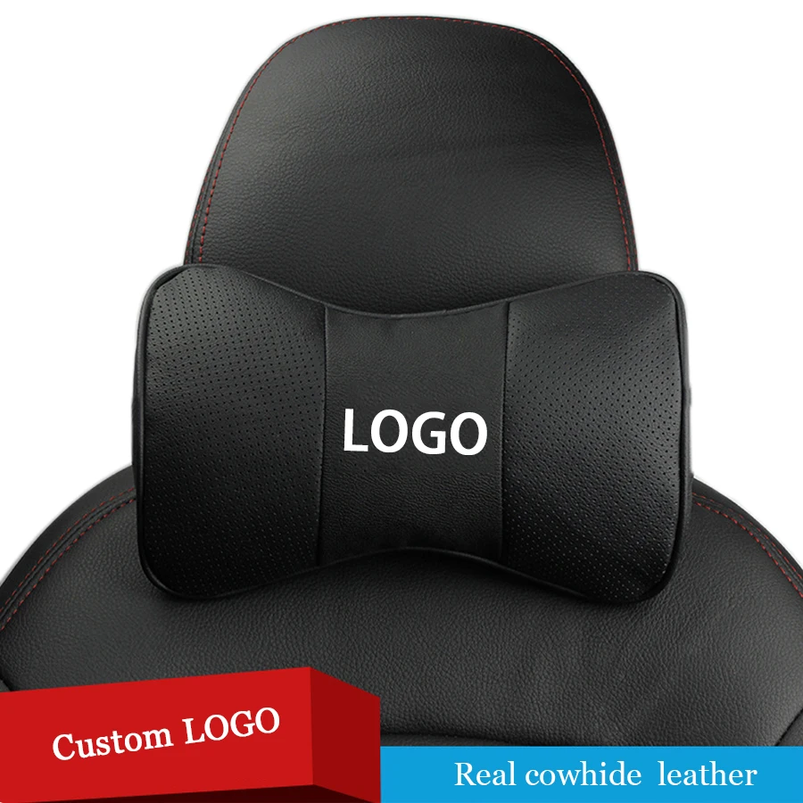 2 PC Genuine Leather Black Car Seat Rest Cushion Pad Headrest Car Neck Pillows Custom Logo for Lexus Jaguar Tesla Opel Audi benz