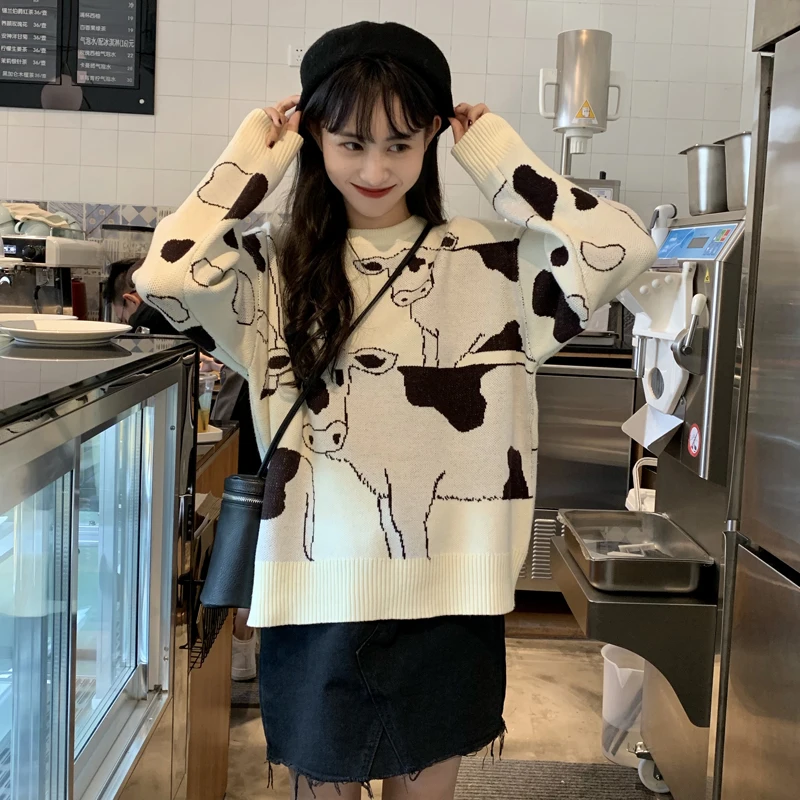 Vintage Casual Loose Lazy Cow Sweater Female Korean Harajuku Women\'s Sweaters Japanese Kawaii Cute Ulzzang Clothing For Women