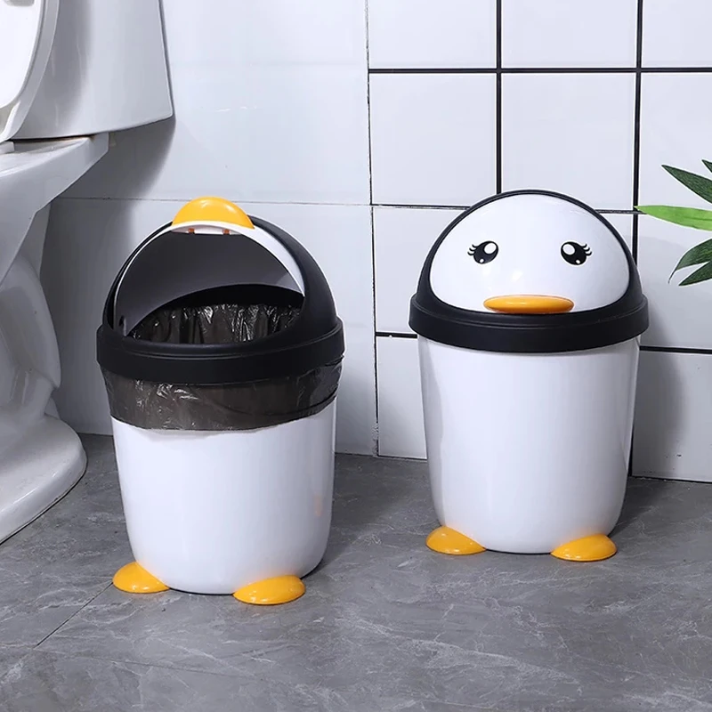 Cute Penguin Trash Can Rolling Cover Type Bathroom Toilet Paper Basket Recycling Garbage Bag Kitchen Rubbish Bin Bedroom