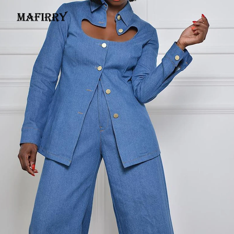 

Women Two-Piece Hollow Out Top Trouser Outfit Spring Autumn Long Sleeve Wide Leg Pants Imitation Denim Suit Turn-Down Collar Set